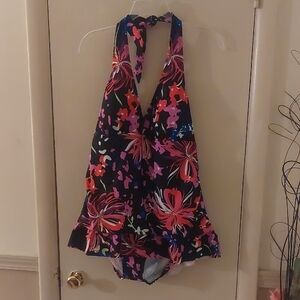 Dip Black Multi Floral Ruffle Halter One Piece Bathing Suit Plus Sz 1X